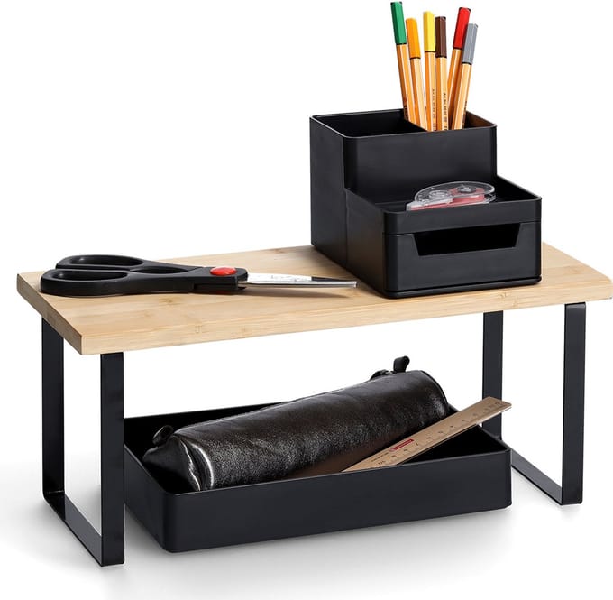 Zeller bureau organizer - 36 x 16 x 16 cm - zwart - metaal/bamboe hout