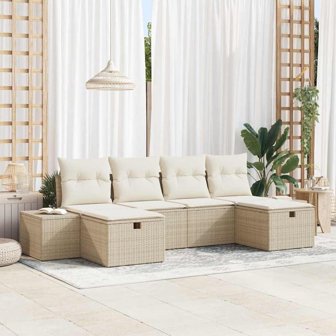 vidaXL Tuinbank Set met kussen met opslag 6 pcs Beige poly rattan