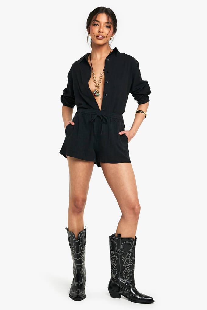boohoo Dames Premium Linnen Shorts | Zwart | Maat: 34