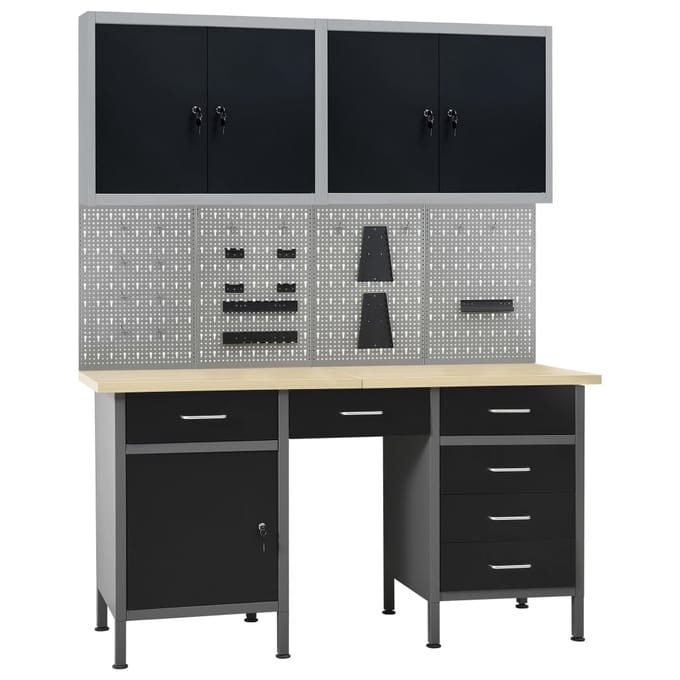 vidaXL - Werkbank - met - vier - wandpanelen - en - twee - kasten