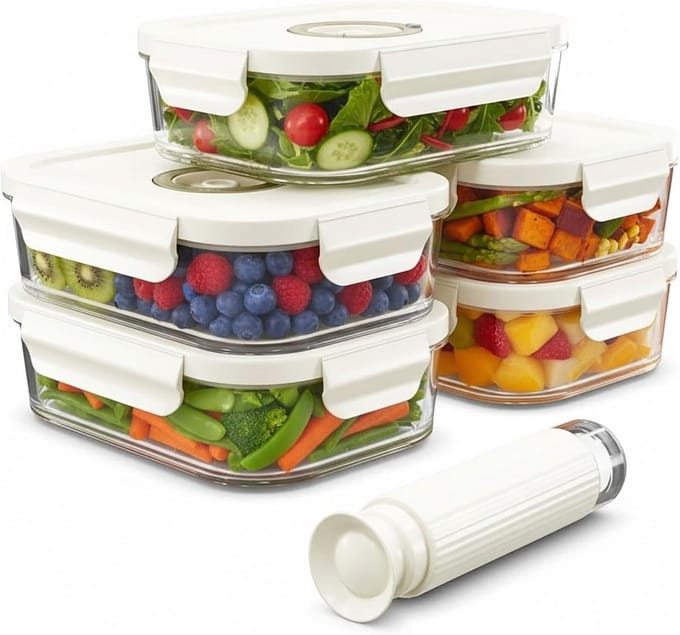 Glazen Voedselcontainers - Vacuüm Opslag - Voedsel Langer Vers - Handmatige Vacuümpomp - 5 Stuks 1040ml - Transparant