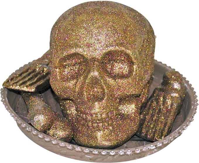 Schotel met glitter doodshoofd en botten - Halloween decoratie schotel met licht