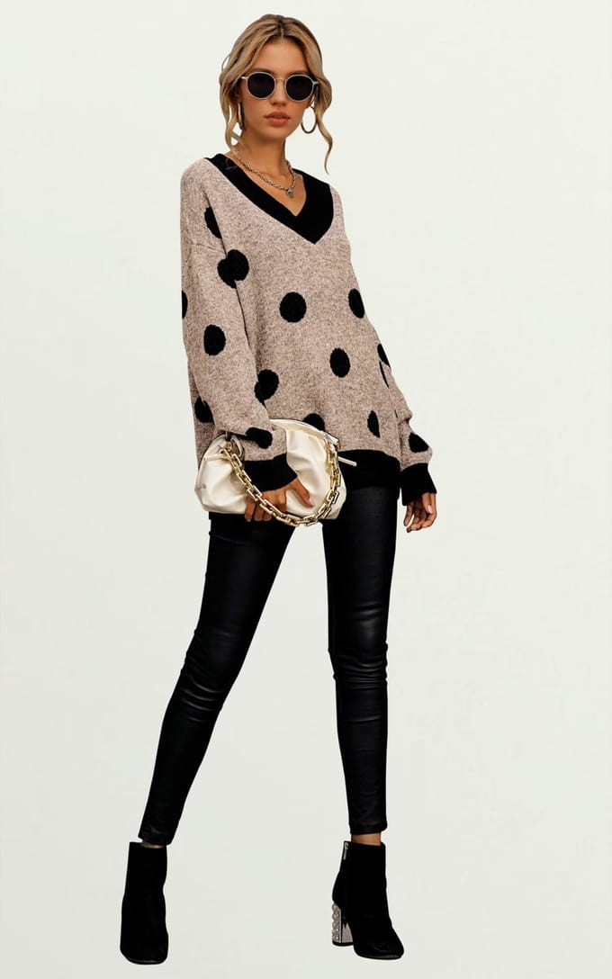 Wolmix V-hals trui in beige en zwarte stippenprint
