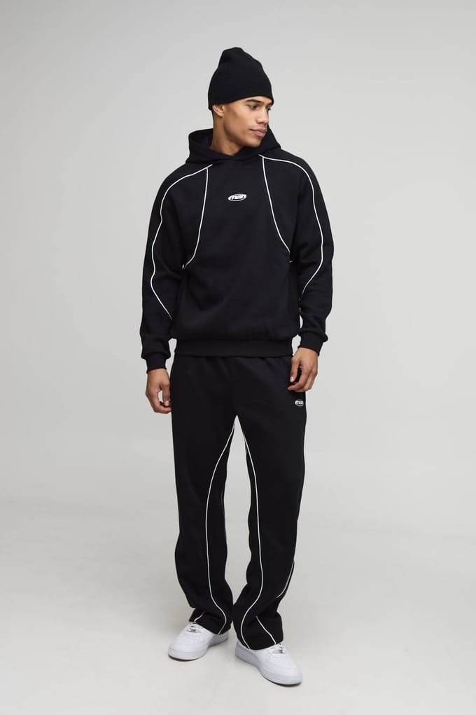 Regular Fit Heren Trainingspak met Capuchon en Piping | Black | Size Medium