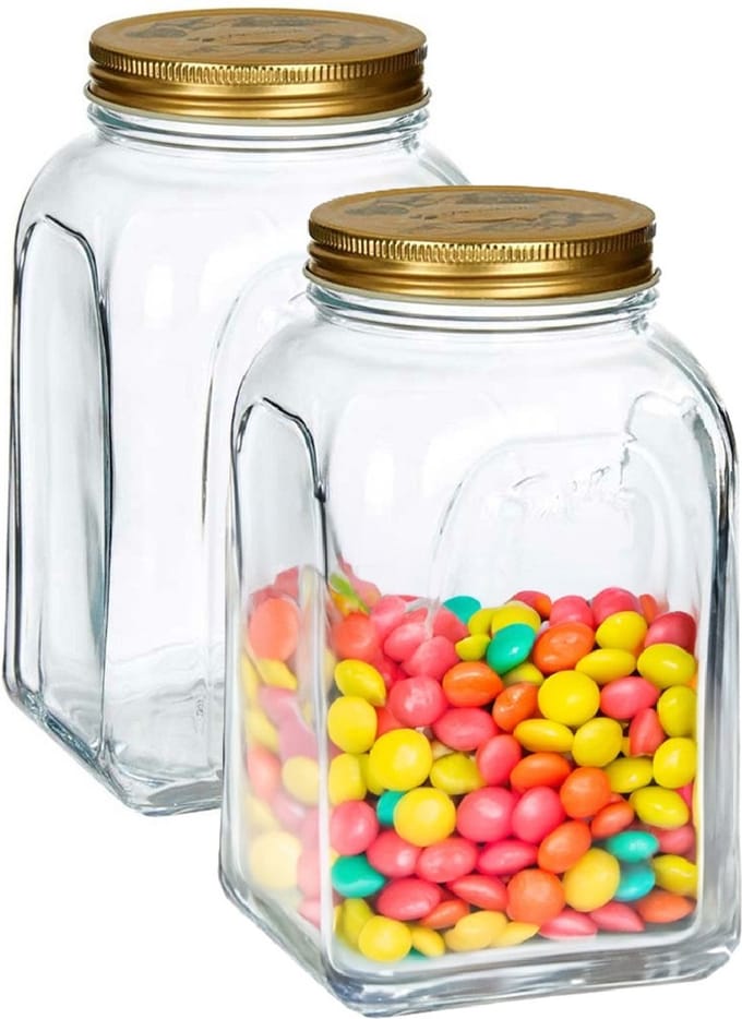 Pasabahce Voorraadpot/bewaarpot Square - 2x - glas - 1,5L - transparant/goud - 10 x 19 cm - luchtdicht