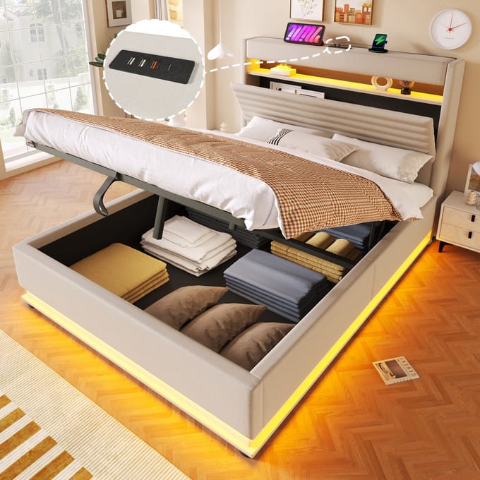 REDOM - Gestoffeerd Opbergbed - USB-C-Laadfunctie En LED-Verlichting - Modern - Linnen - Beige - 140 x 200 cm
