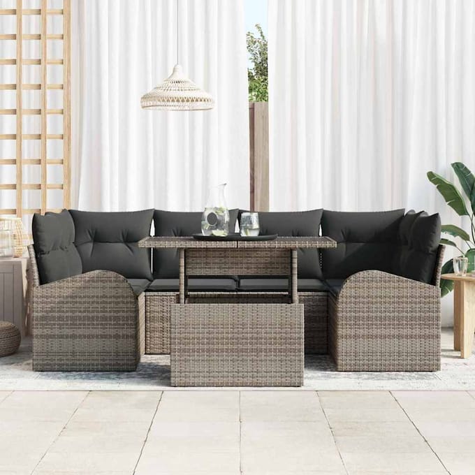 vidaXL Tuinbank Set met kussen met opslag 7 pcs Grijs Poly Riet