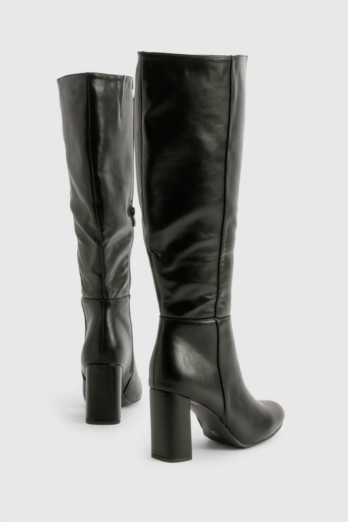 boohoo Dames Wide Fit Block Hakken Over-de-Knie Instaplaarzen | Black | Maat: 4