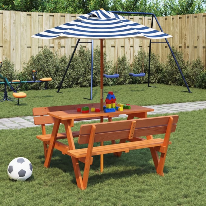 vidaXL - Picknicktafel - voor - 4 - kinderen - met - parasol - massief - vurenhout