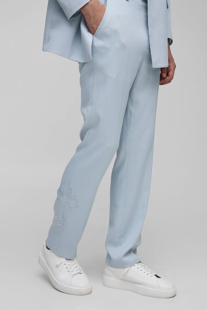 Straight Fit Cross Applique Suit Trouser | Light Blue | Size XS