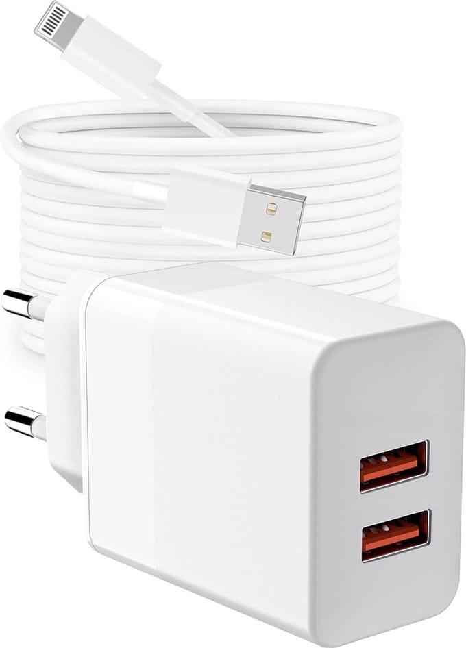 USB Adapter met Oplader Kabel 2 Meter - Geschikt voor iPhone 7,8,X,SE - Wit