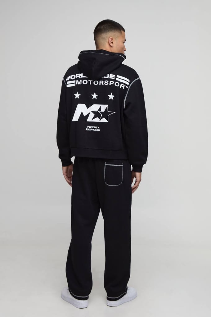 Oversized Boxy M Star Trainingspak met capuchon en contraststiksels | Black | Size Medium