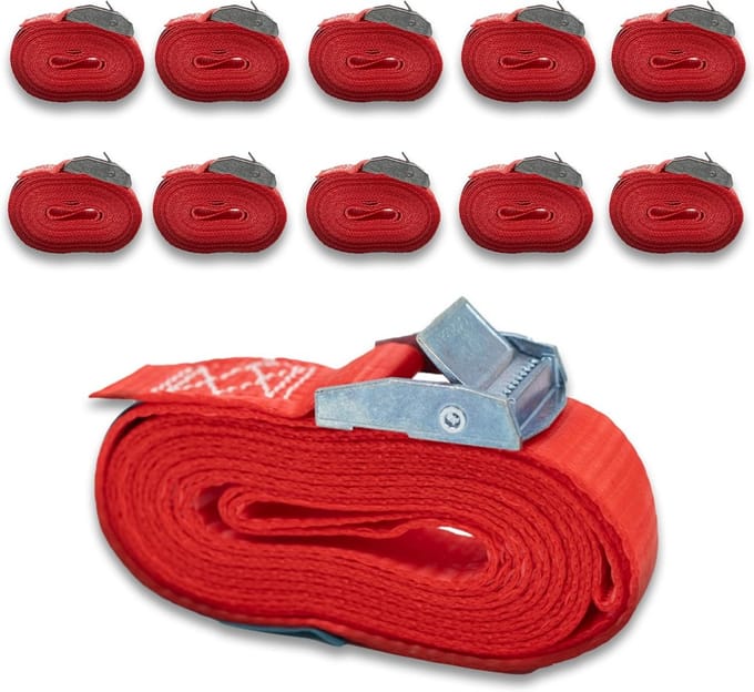 250 daN Spanbanden met Klem voor Dakdrager en Omsnoering - 25 mm x 2,5 m Rood Polyester