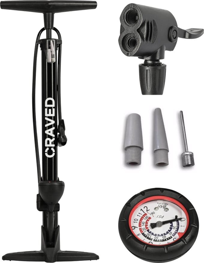 Craved Fietspomp - met drukmeter - Dubbele ventielkop - Zwart - Universeel
