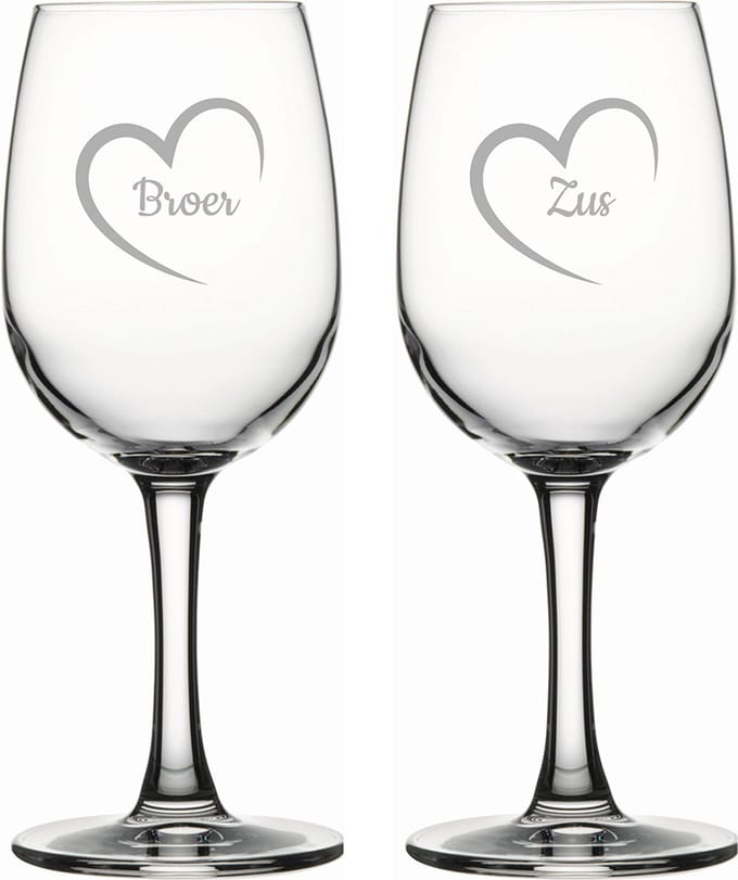 Gegraveerde witte wijnglas 26cl Broer met hartje & Zus met hartje