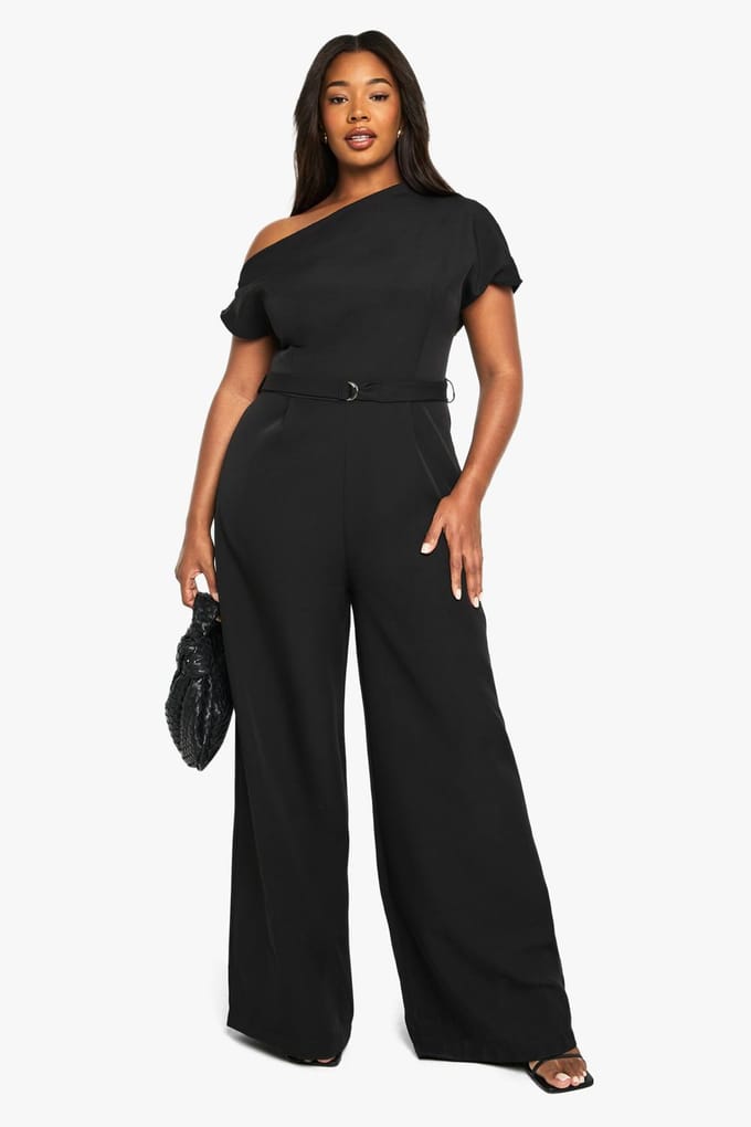 boohoo Dames PLUS asymmetrische jumpsuit met ceintuur | Black | Maat: 28