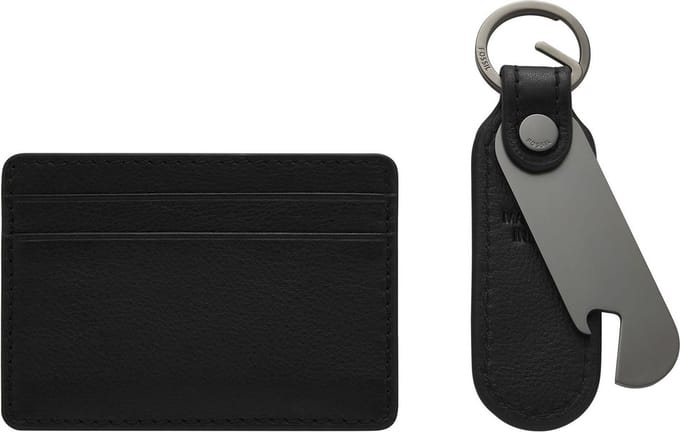 FOSSIL Kaarthouder Sleutelhanger Steven Card Case and Keyfob Bottle Opener Gift Set Black Zwart