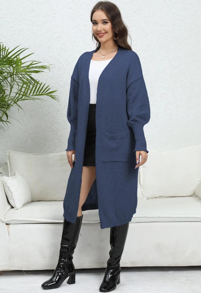 ASTRADAVI Dames Mode - Lang Gebreid Vest met 2 Zakken - One Size - Donkerblauw