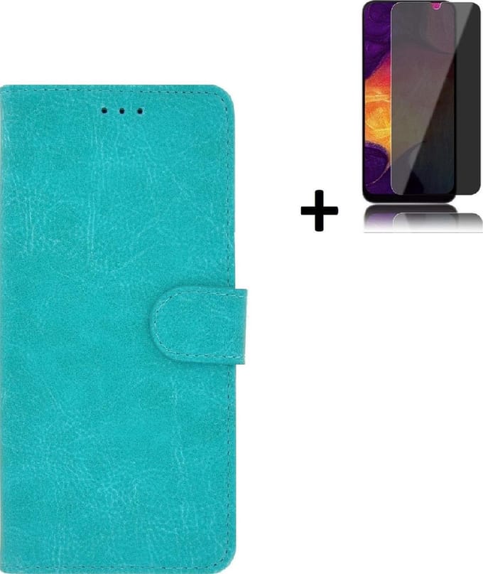 Geschikt voor Samsung Galaxy A03s Hoesje - A03s Screenprotector - Wallet Bookcase Turquoise + Privacy Screenprotector