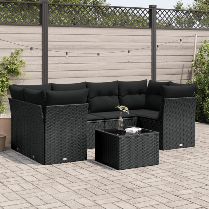 vidaXL - 7-delige - Loungeset - met - kussens - poly - rattan - zwart