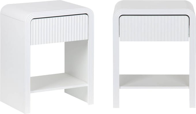 sweeek - Set van 2 witte nachtkastjes met gegroefd houteffect, 1 lade, 1 plank
