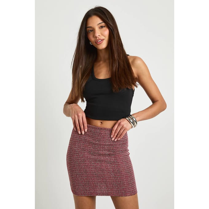 boohoo Dames Glitter Dogtooth Mini Skirt | Red | Maat: 6
