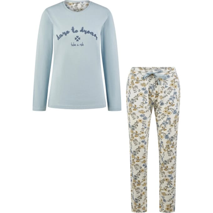 By Louise Dames Pyjama Set Lang Bloemen Print Lichtblauw - Maat S