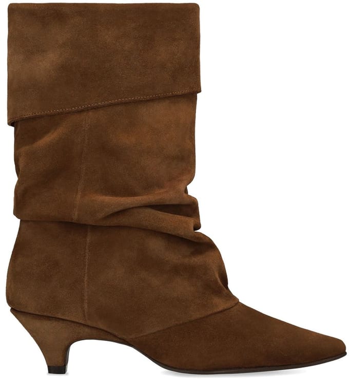 Manfield - Dames - Cognac suède slouchy enkellaarsjes met hak - Maat 37