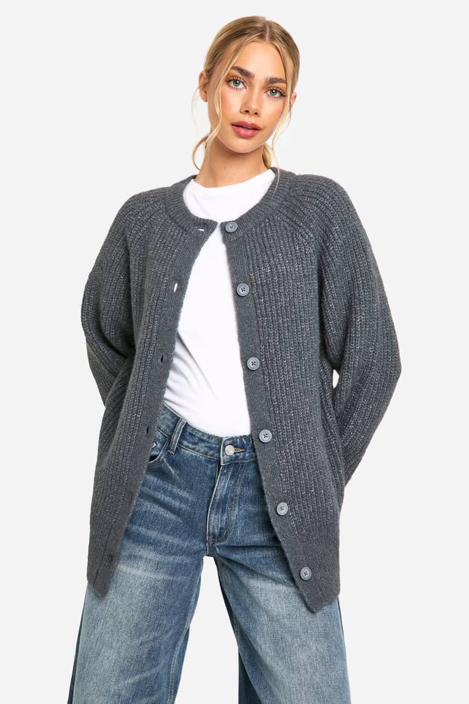 boohoo Dames Gebreide Oversized Boxy Cardigan met knoopsluiting | Charcoal | Maat: Small