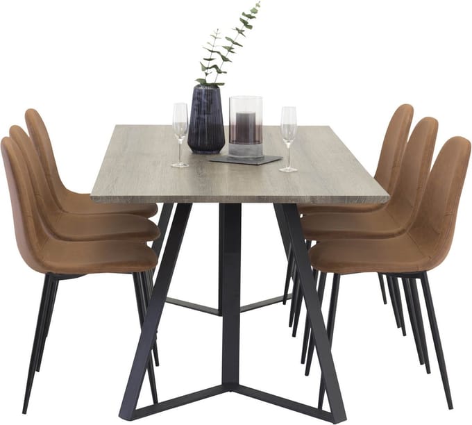 MarinaGRBL eethoek eetkamertafel el hout decor grijs en 6 Polar eetkamerstal PU kunstleer bruin.