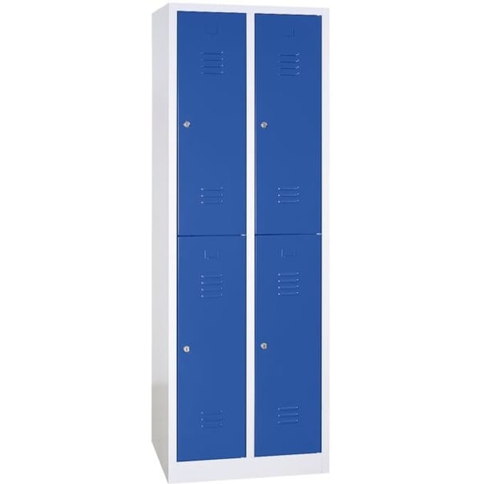 Kledinglocker, twee rijen, 2 x 2 compartimenten, draaigrendelslot, lichtgrijs/gentiaanblauw