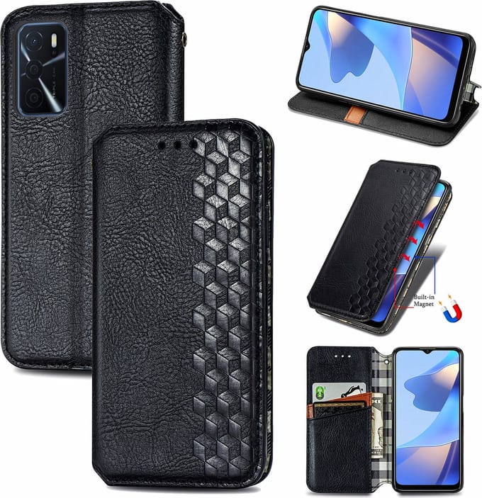 Luxe PU Lederen Ruitpatroon Wallet Case + PMMA Screenprotector voor OPPO A16 / A16s / A54s _ Zwart