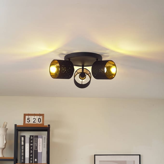 Lindby - plafondlamp - 3lichts - Stof, metaal - H: 21.5 cm - E14 - zwart, goud