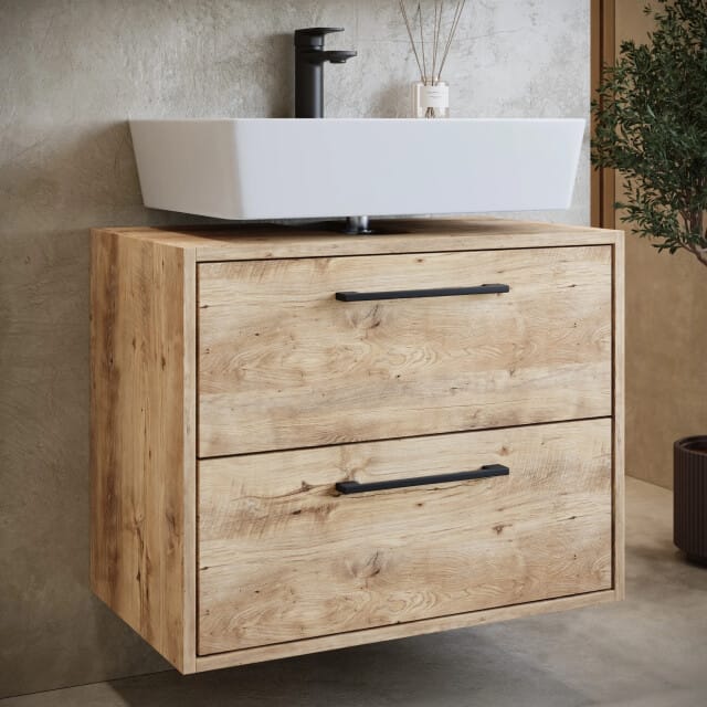 Badplaats Wastafelkast Set Florence 60 x 35 cm – Kastanje Eiken – Badmeubel met Spiegelkast