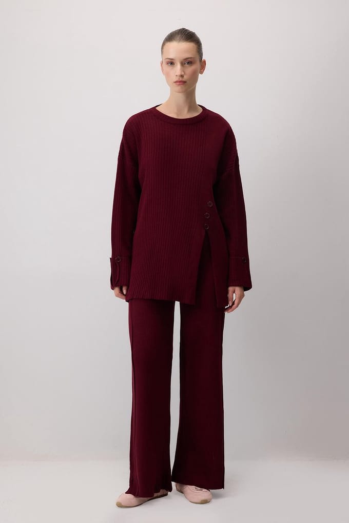 Touché Privé - Gebreide set met knoopdetail - Bordeaux - Dames