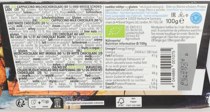 Vivani - Chocoladereep Melk en Wit Cappuccino - 10 x 100 gr - Voordeelverpakking