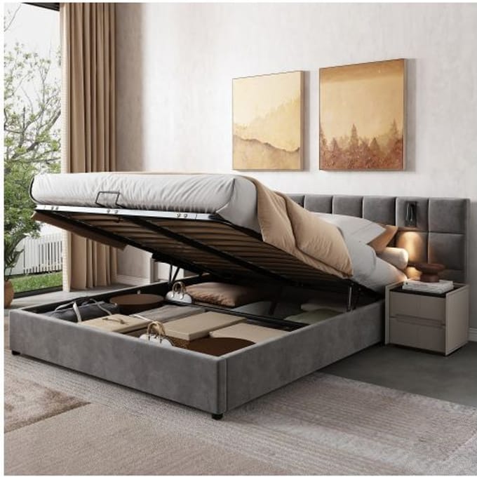 Lit rembourré - MUVOE - 160x200 cm - Acier - Avec rangement - Liseuse et USB gris