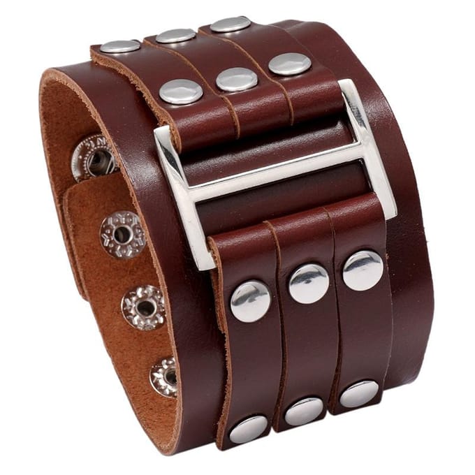 Bracelet Punk Homme Style Vintage Multi-Couches Rivets Cuir Véritable Manchette Large Accessoire de Mode gray