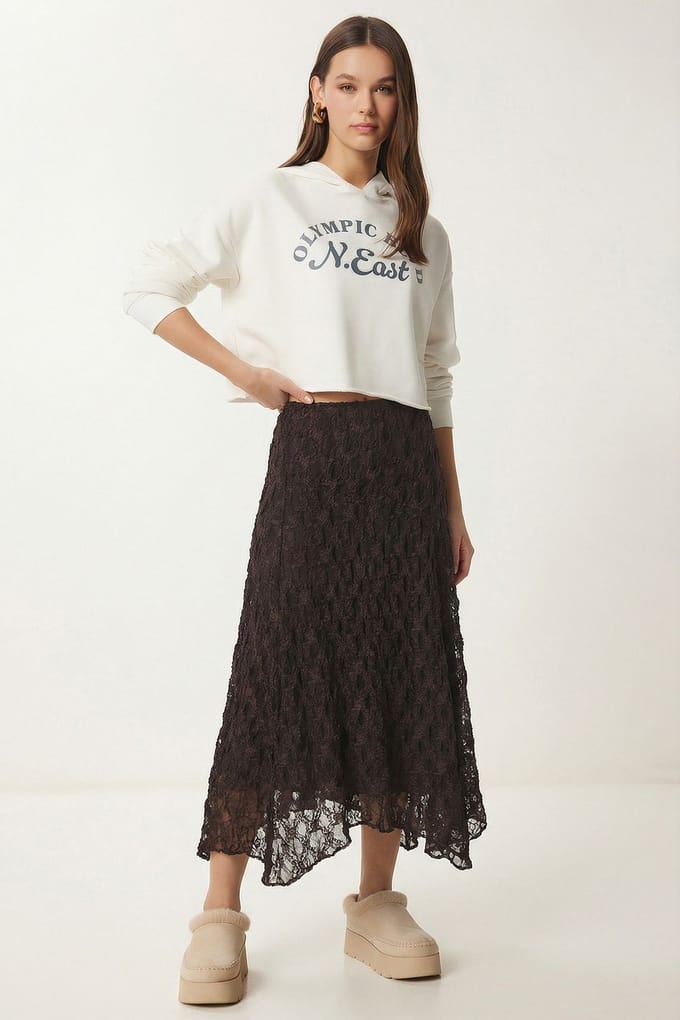 Hooggetailleerde Kanten Midi Rok