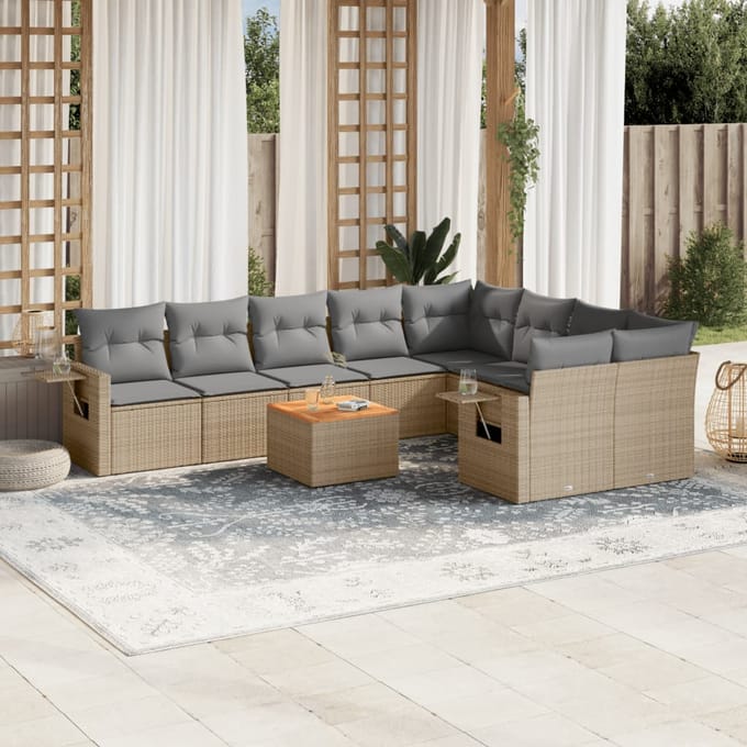 vidaXL - 10-delige - Loungeset - met - kussens - poly - rattan - gemengd - beige