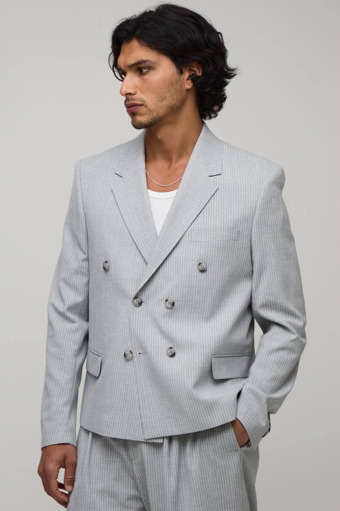 Pinstripe Oversized Boxy Double Breasted Blazer | Grey | Size 46