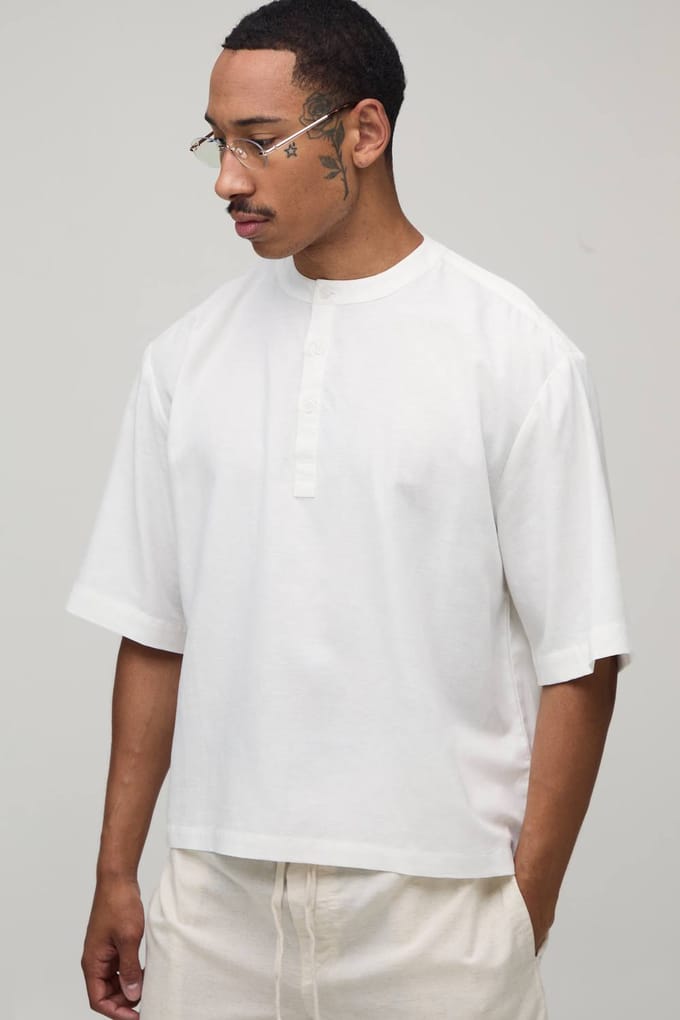 Oversized Boxy Linnen Blend Henley Shirt Met Korte Mouwen | White | Size XL