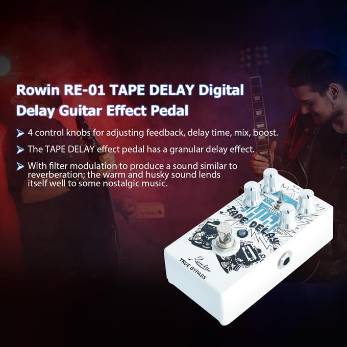 Rowin RE-01 TAPE DELAY Digitaal delay gitaareffectpedaal met Feedback Time Mix Boost 4 Control wit