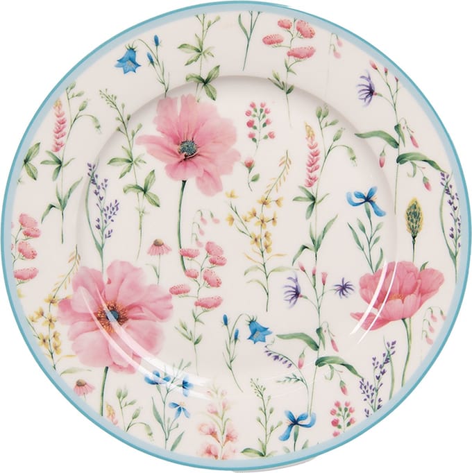 Clayre & Eef Ontbijtbord Ø 19 cm Wit Roze Porselein Bloemen