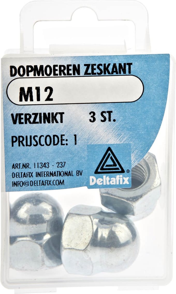 Dopmoer. Zeskant. Verzinkt. M12. 3 stuks. din 1587 Deltafix.