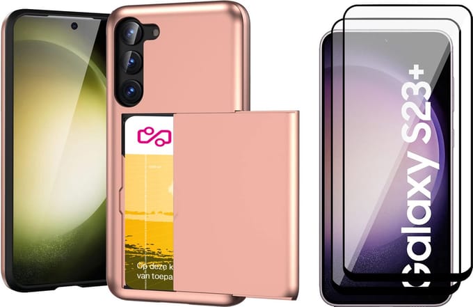 Hoesje met Pasjeshouder geschikt voor Samsung Galaxy S23 Plus - 2x Screen Protector FullGuard - Back Cover SlideCase Roségoud & Screenprotector