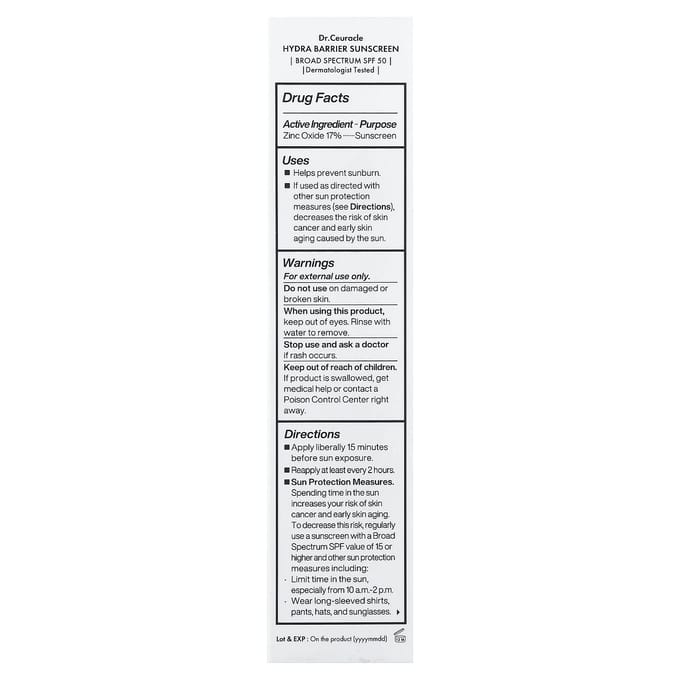 Dr. Ceuracle, Crème Solaire Hydra Barrier, SPF 50, 50ml (1,69 once liquide) white