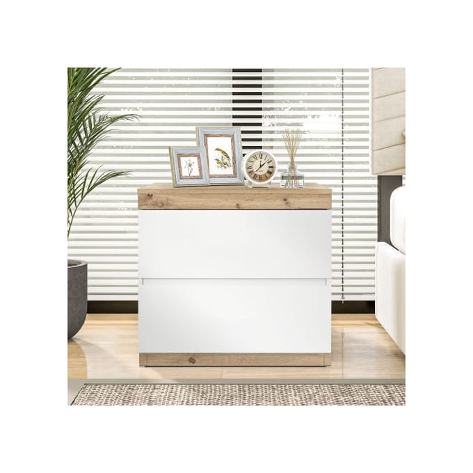 Table de chevet - MUVOE - Blanc + Bois de chêne - 2 tiroirs - Panneaux de particules E1 - Style classique blanc
