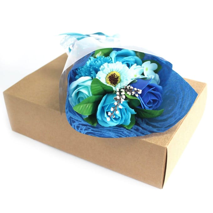 Zeepbloemen Boeket in Box - Blauw - 4 Geurende badrozen