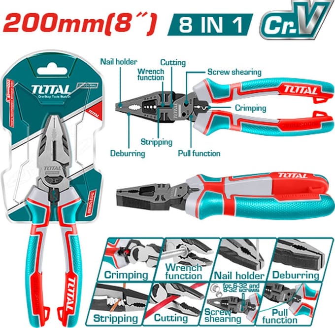 Total Tools Multi functionele combinatietang - 8'' 200mm - 8 in 1